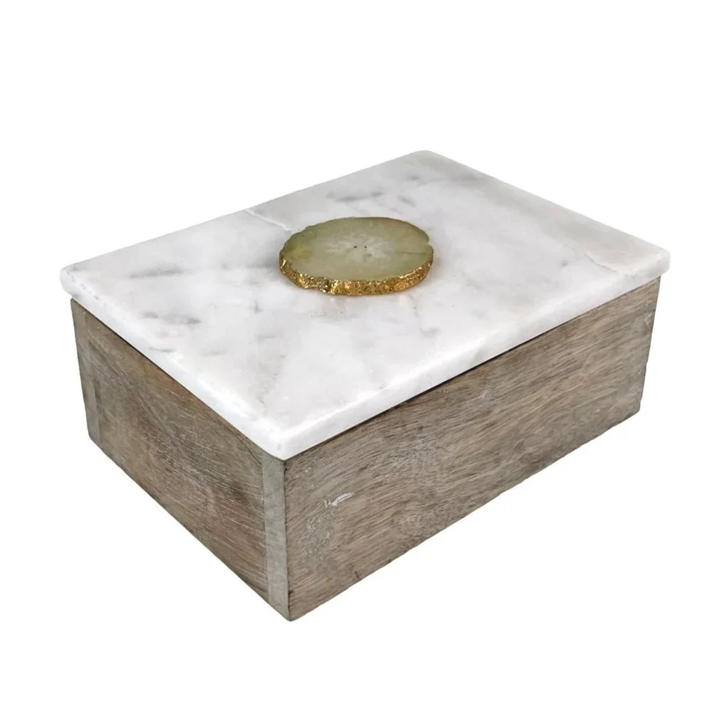 Portofino Home Marble Top Wooden Trinket Jewelry Box Made in India Decor White